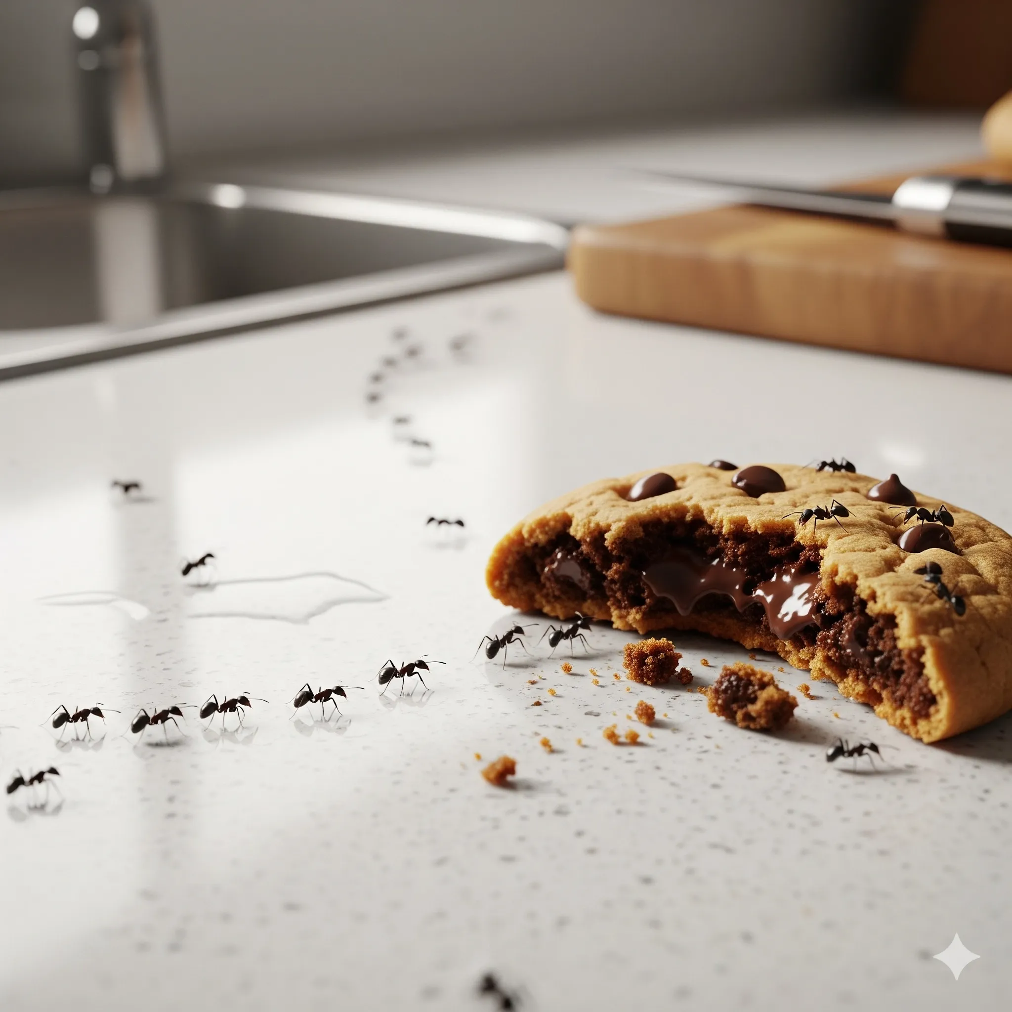 A split image showing ants foraging slowly in winter and forming a large trail in summer.