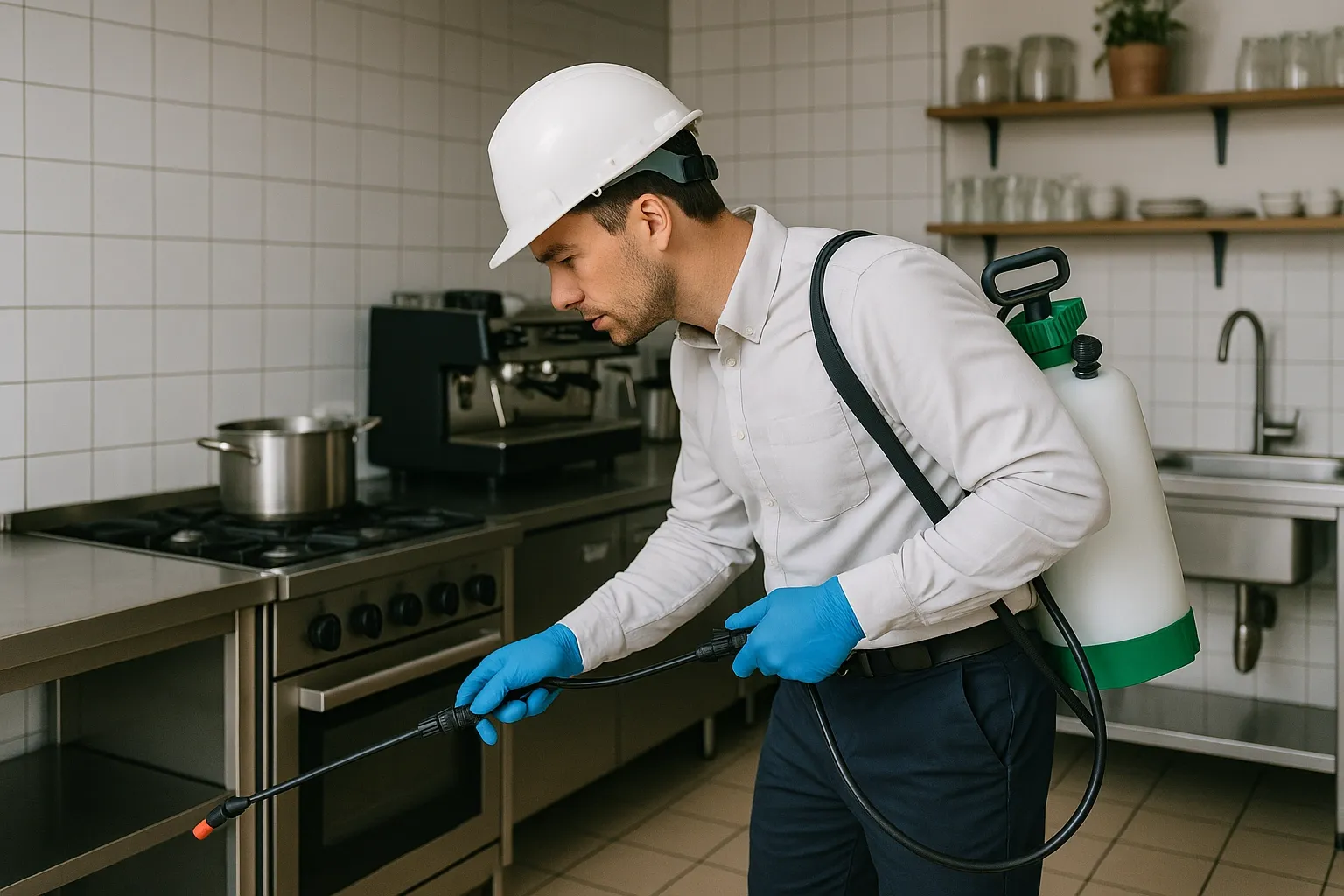 A professional pest control technician inspecting a clean commercial café kitchen.