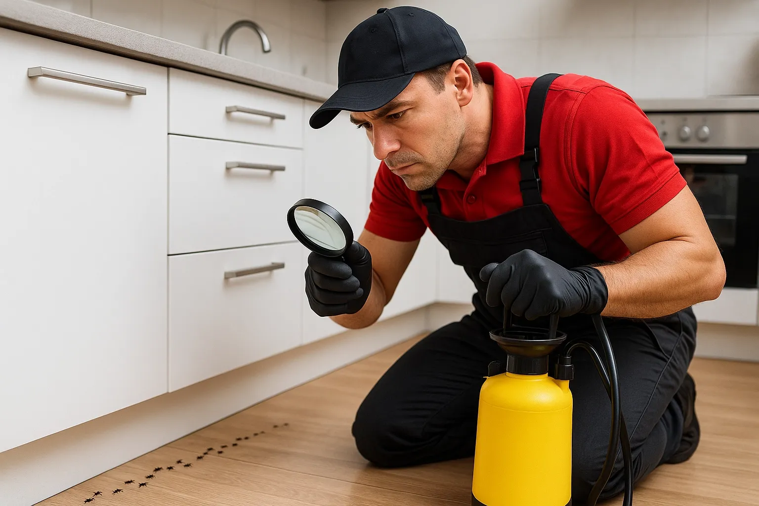 Licensed technician inspecting an ant trail along a kitchen skirting board