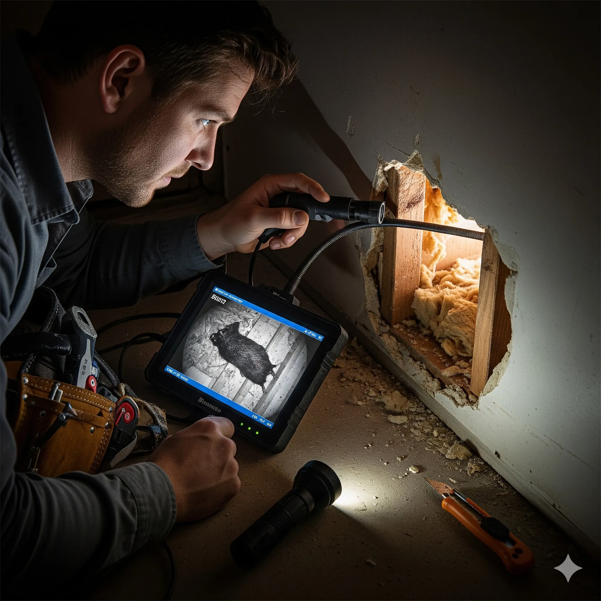Technician using an inspection camera to locate a dead animal inside a wall cavity