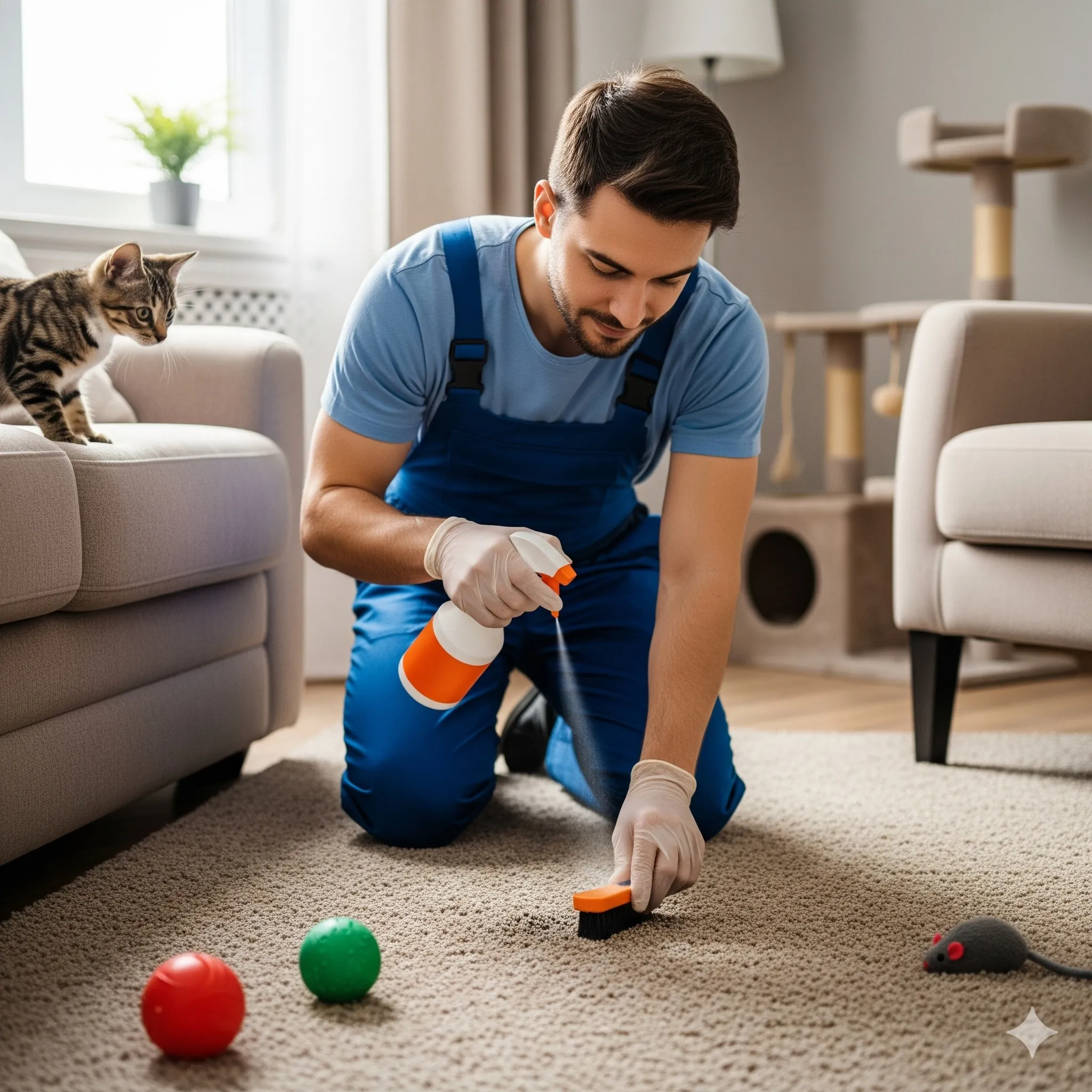 Technician applying a pet-safe flea treatment to a carpeted living room