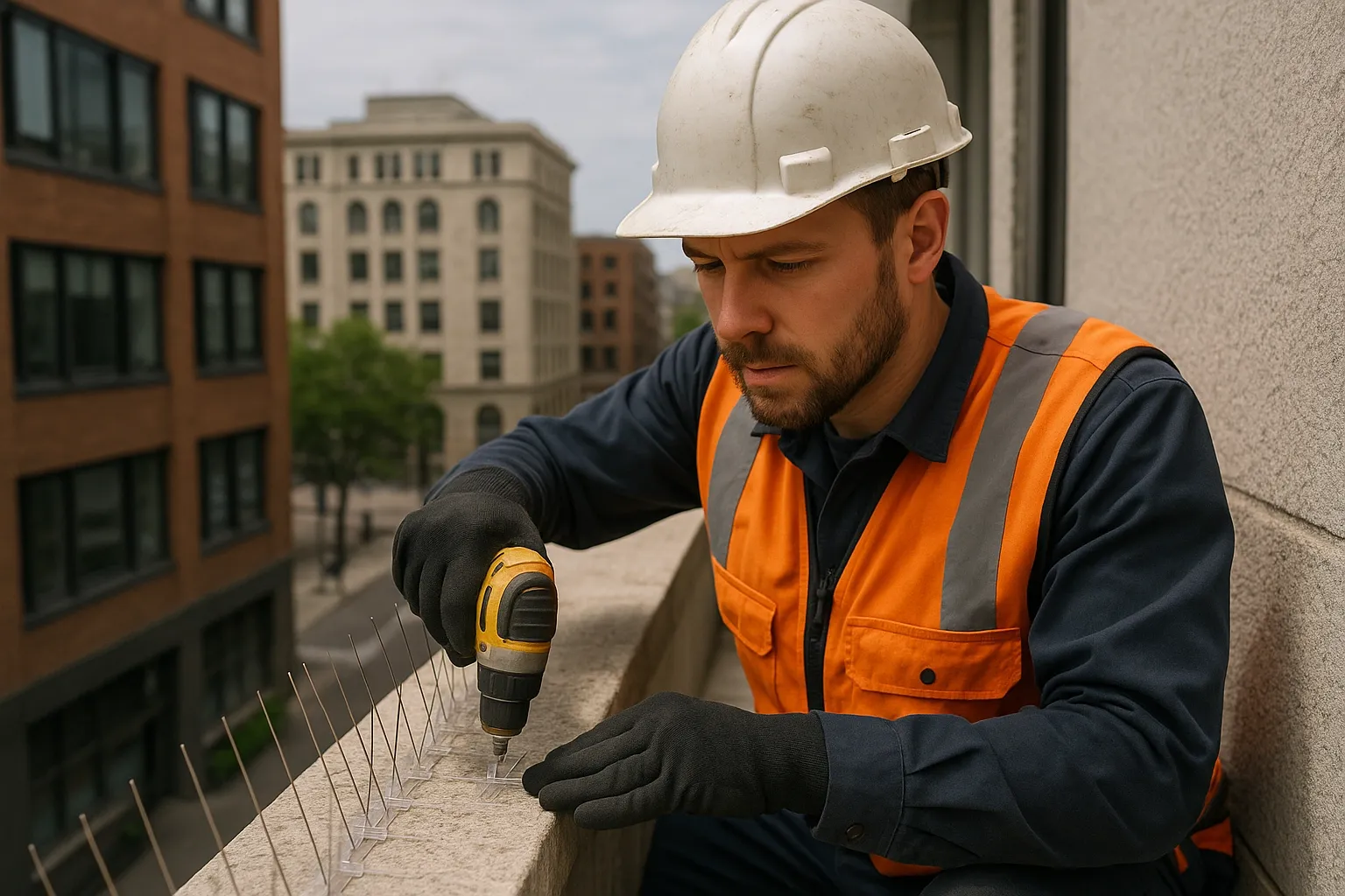 Professional installing bird spikes on a building ledge in Sydney