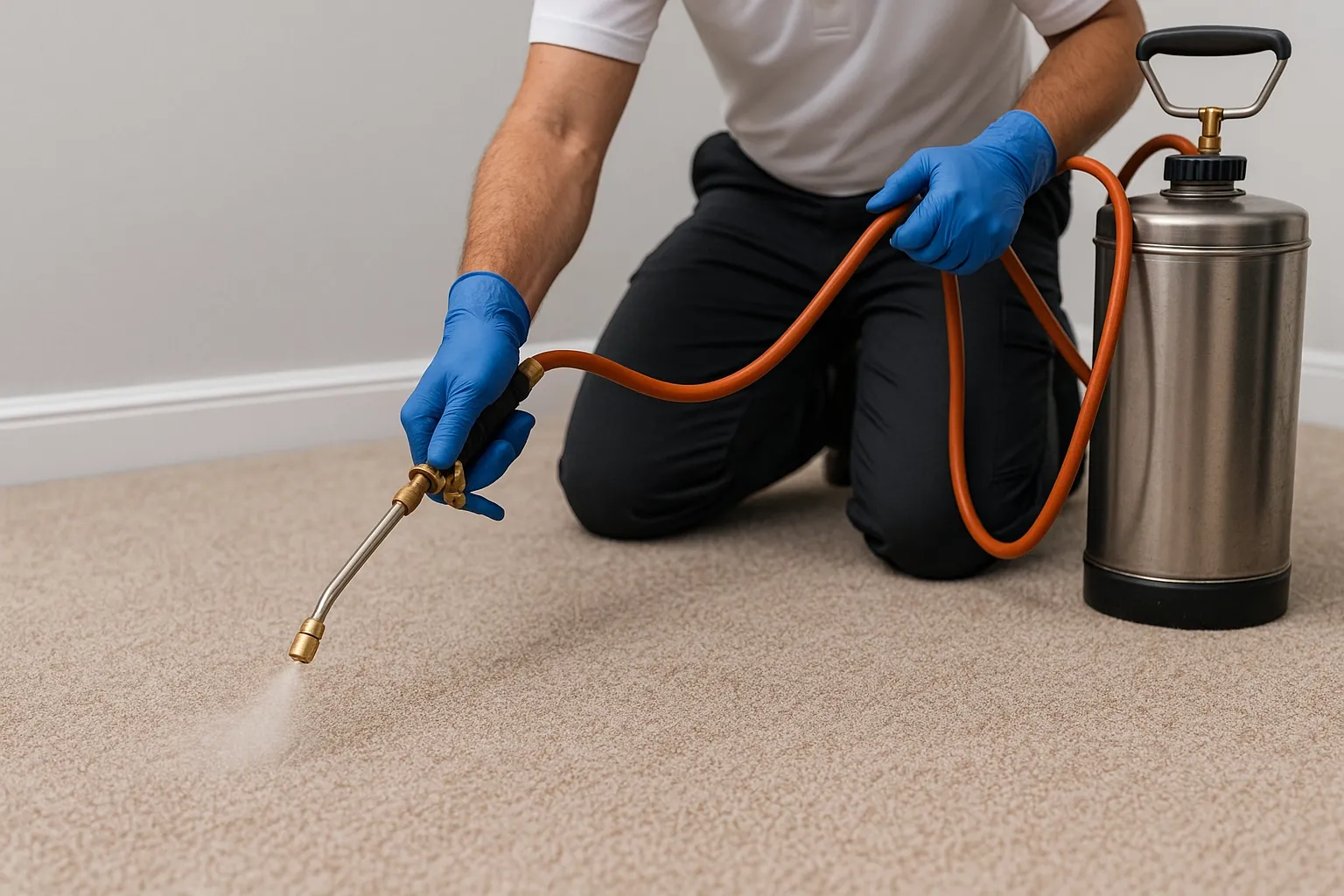 Professional flea treatment being applied to a carpet in a Sydney home with pets