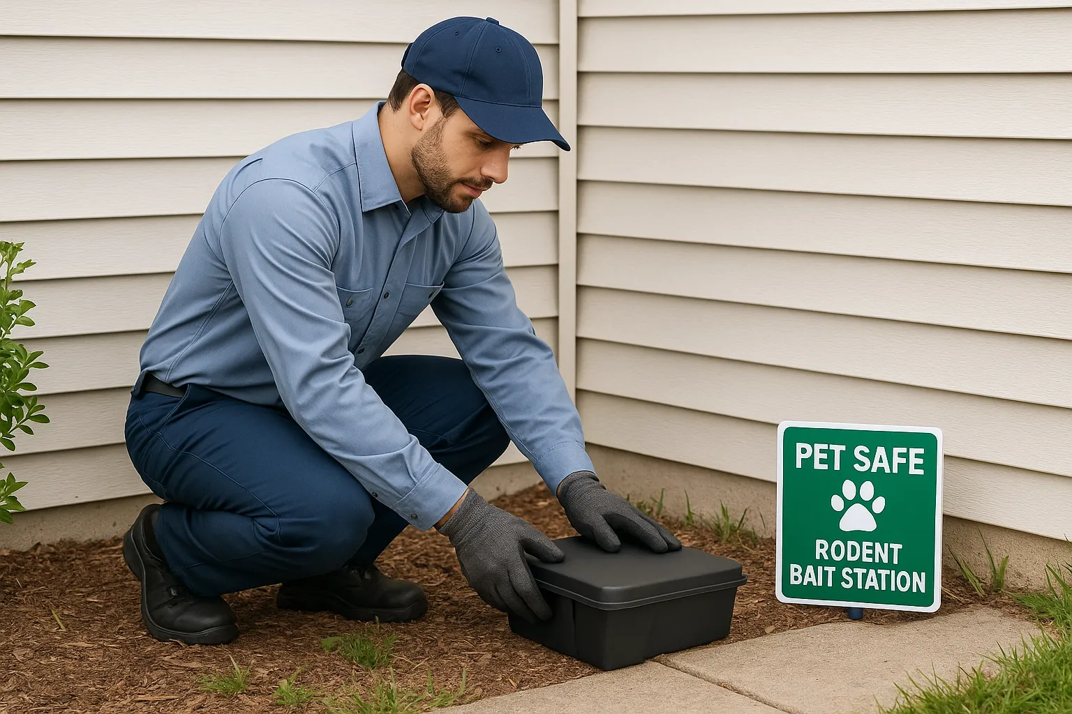Professional technician placing a pet-safe rodent bait station in a Sydney home