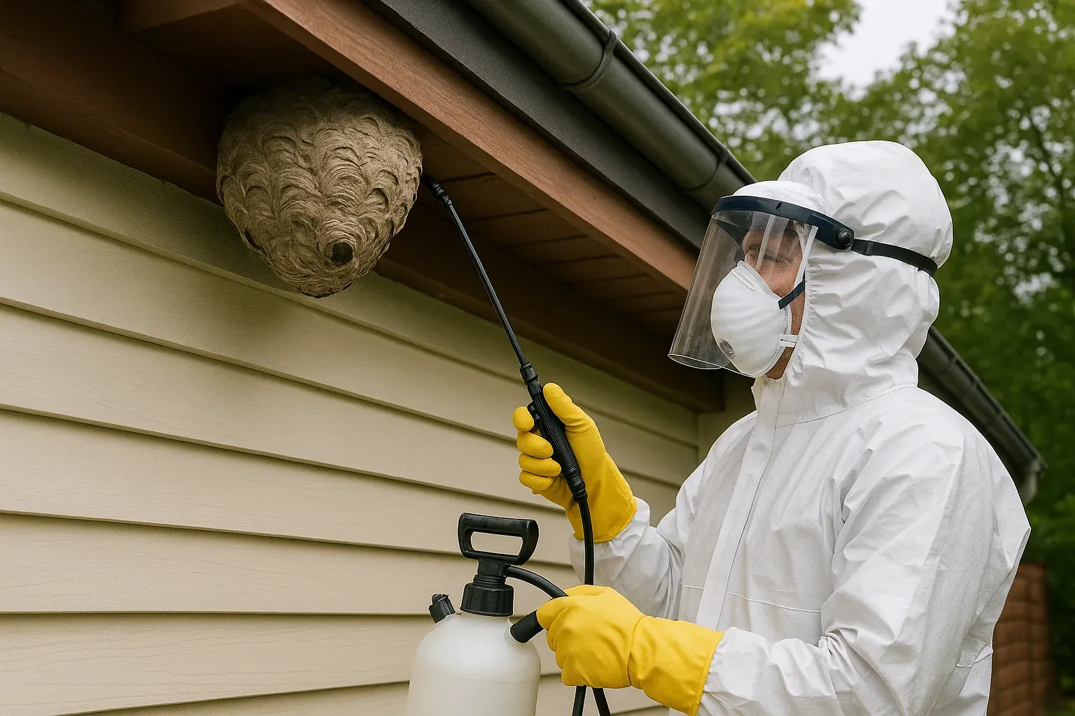 Technician in full protective gear safely treating a large wasp nest under the eaves of a house